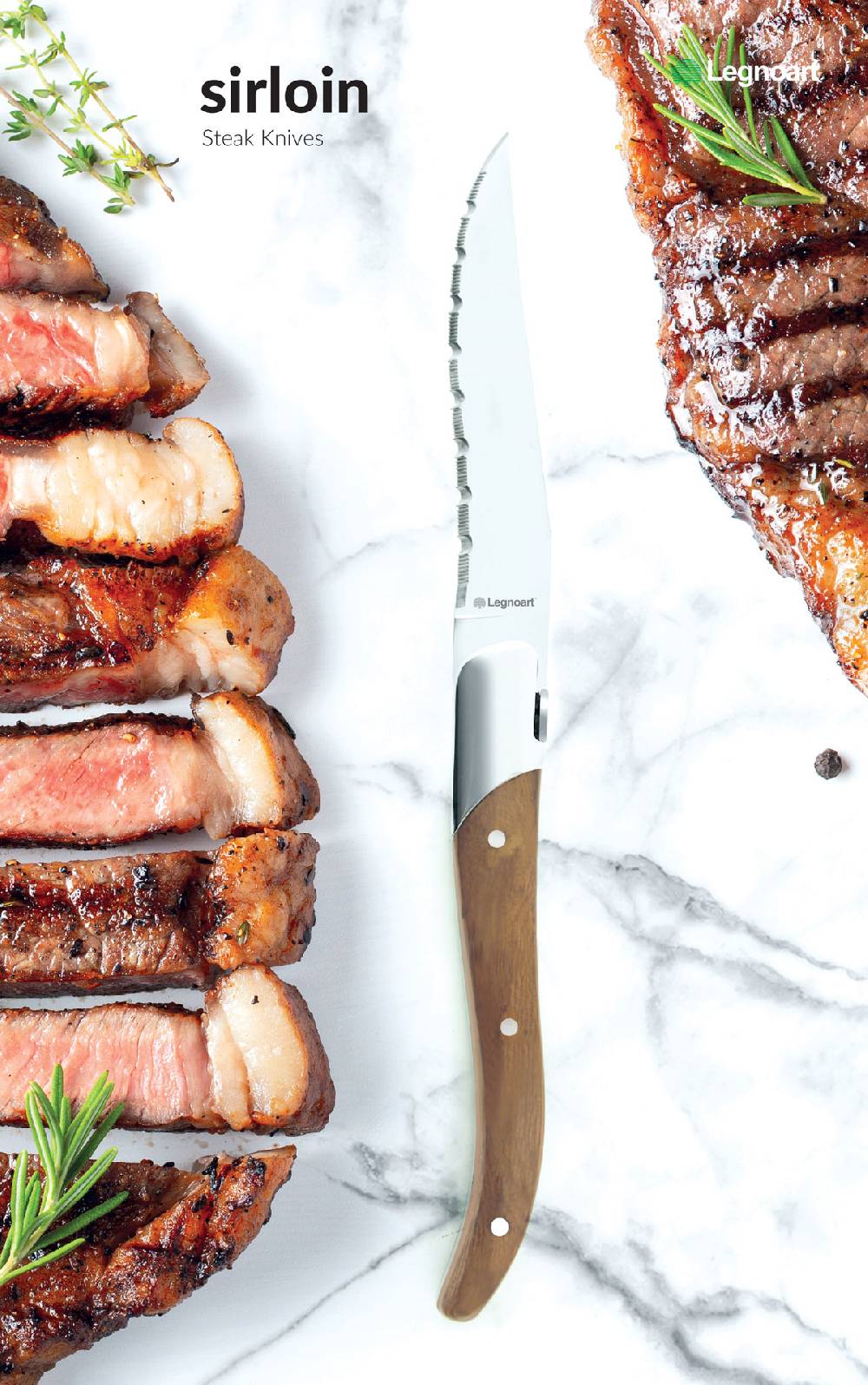 ﻿Legnoart SIRLOIN Set 4 coltelli da bistecca con manico in legno chiaro , incisione artistica sul dorso e finitura a specchio