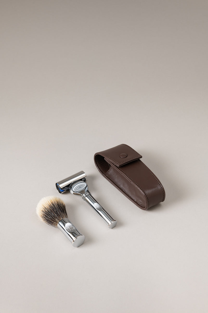 Lorenzi Milano Set rasoio pennello barba viaggio rotante in Ottone cromato