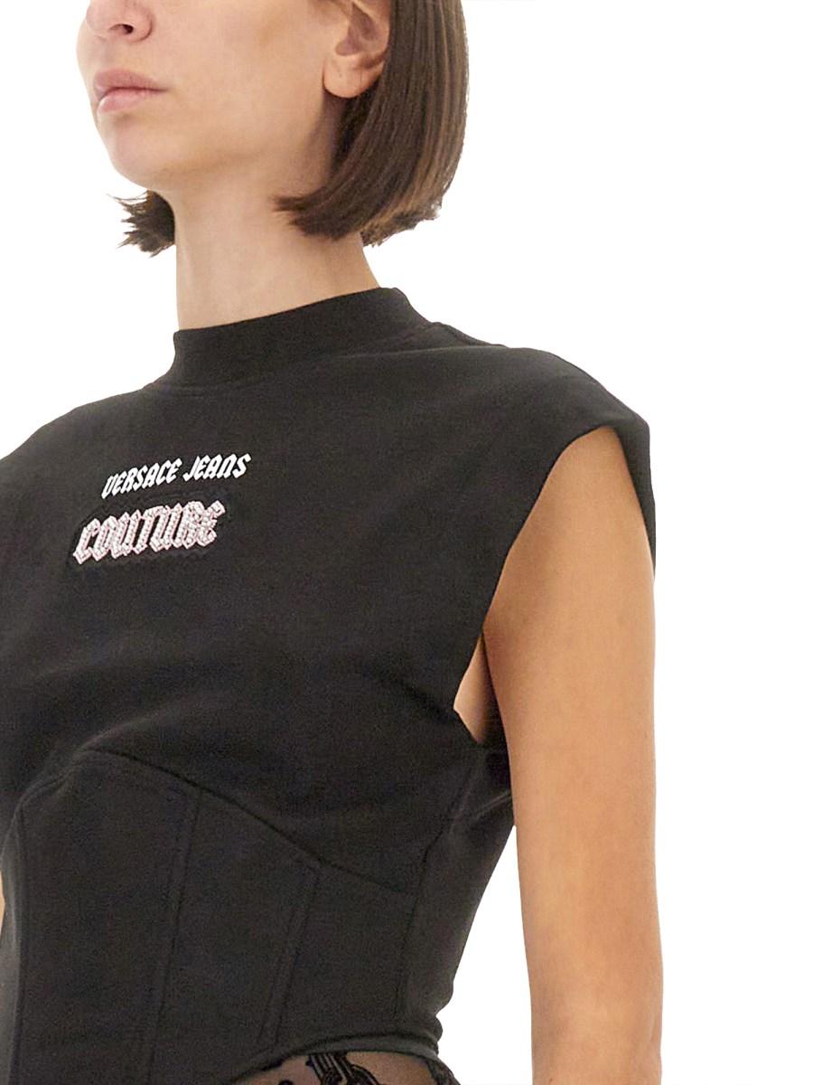 VERSACE JEANS COUTURE TOP IN JERSEY DI COTONE CON LOGO Qualità Garantita