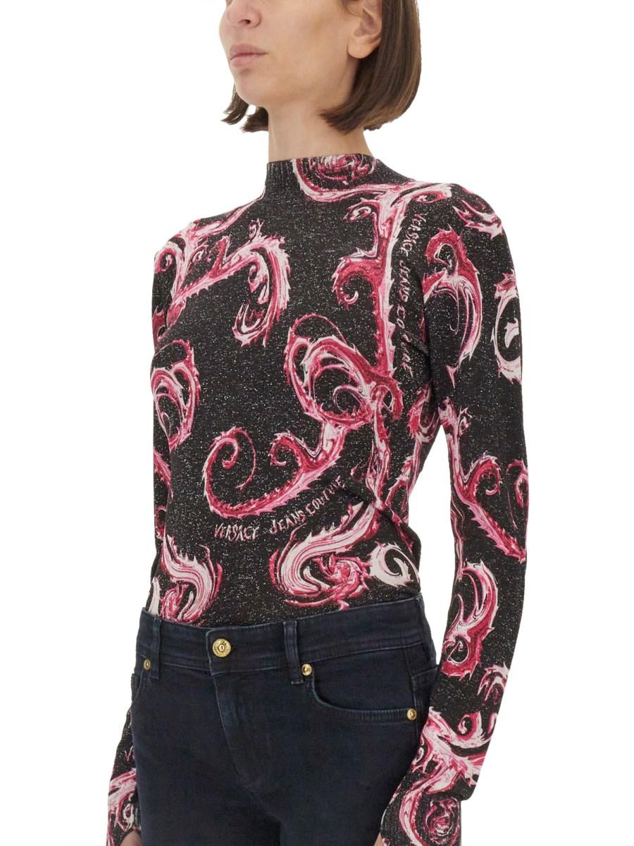 VERSACE JEANS COUTURE T-SHIRT IN MAGLIA LUREX CHROMO Prezzo Ridotto