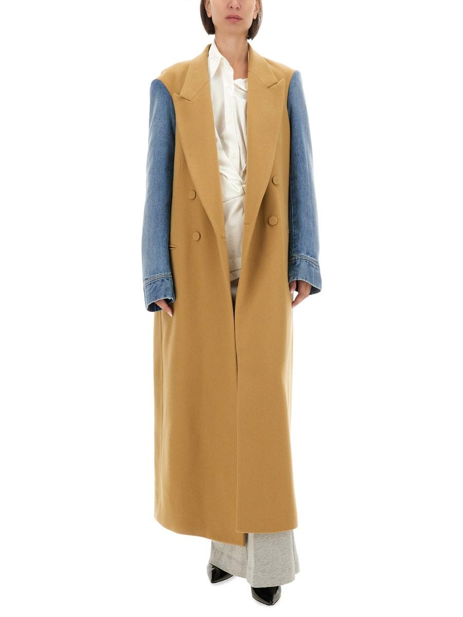 DRIES VAN NOTEN CAPPOTTO CON MANICHE DENIM IN GABARDINE DI LANA SPAZZOLATA 2025