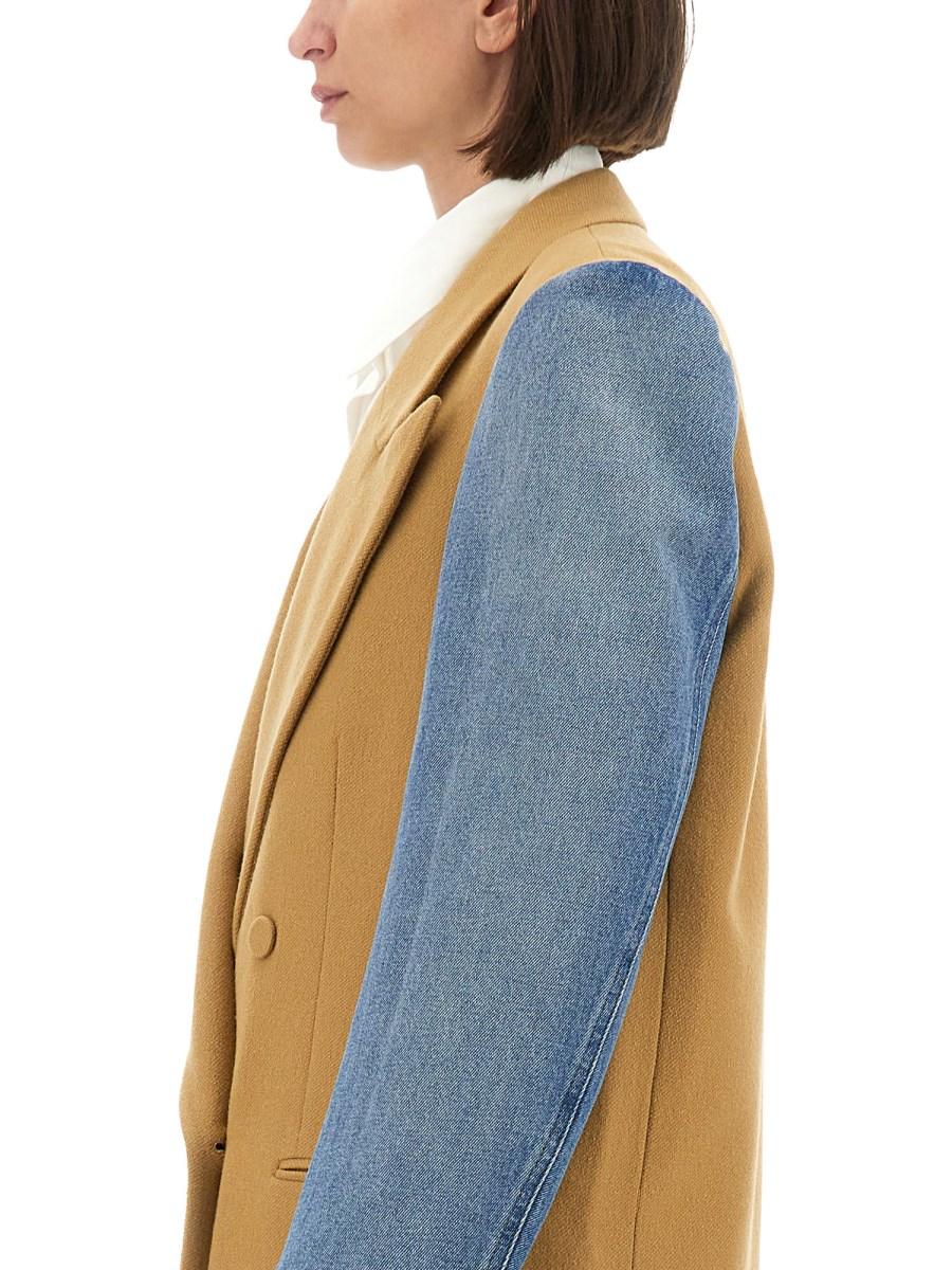 DRIES VAN NOTEN CAPPOTTO CON MANICHE DENIM IN GABARDINE DI LANA SPAZZOLATA 2025