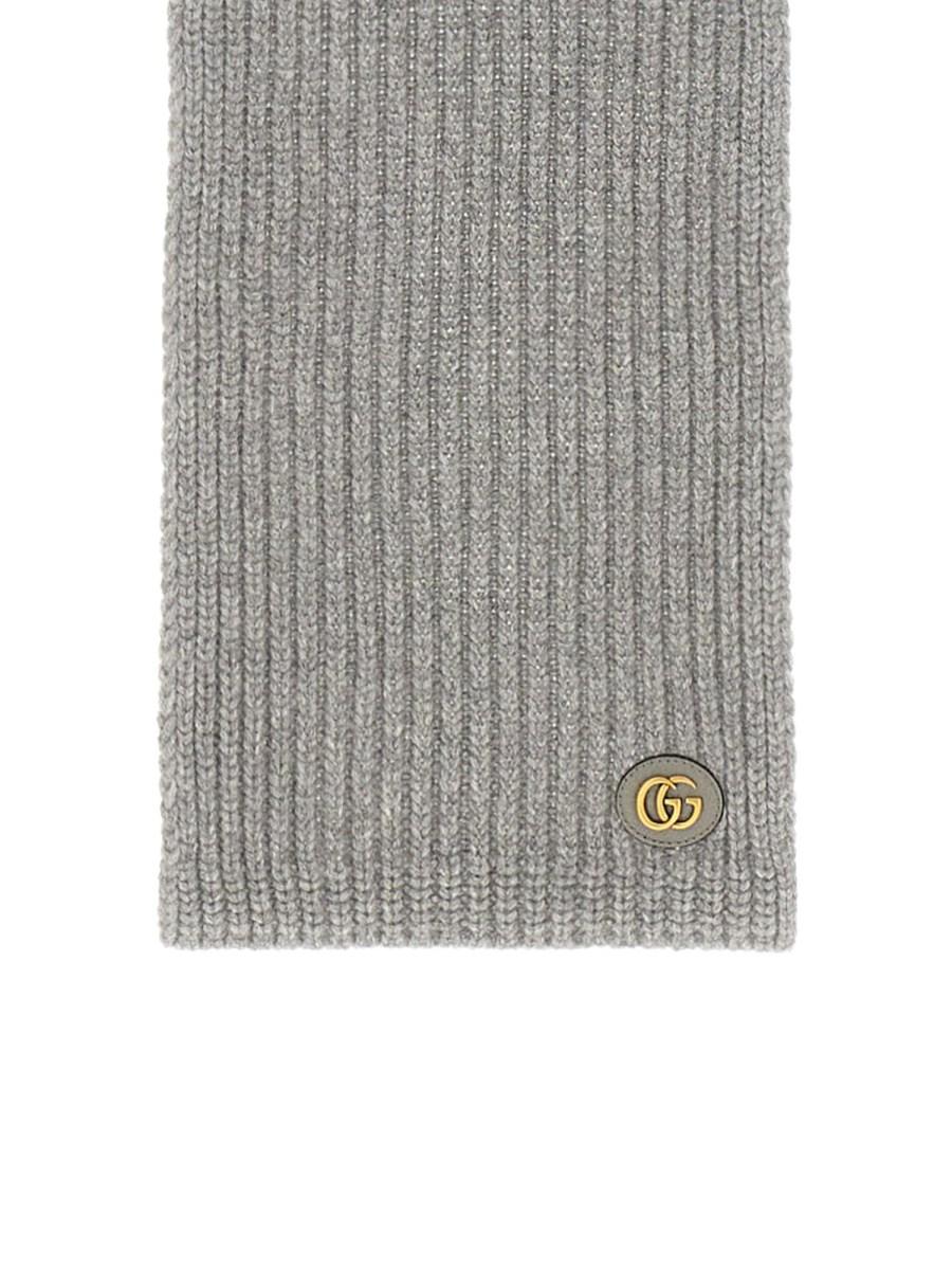 GUCCI SCIARPA IN MAGLIA DI LANA E CASHMERE CON PATCH IN PELLE DOPPIA G Rilascio limitato