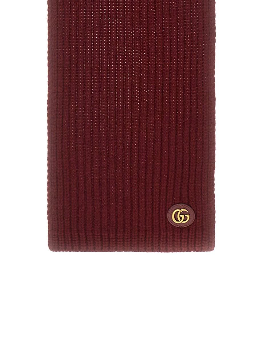 GUCCI SCIARPA IN MAGLIA DI LANA E CASHMERE CON PATCH IN PELLE DOPPIA G Ultimi tre giorni