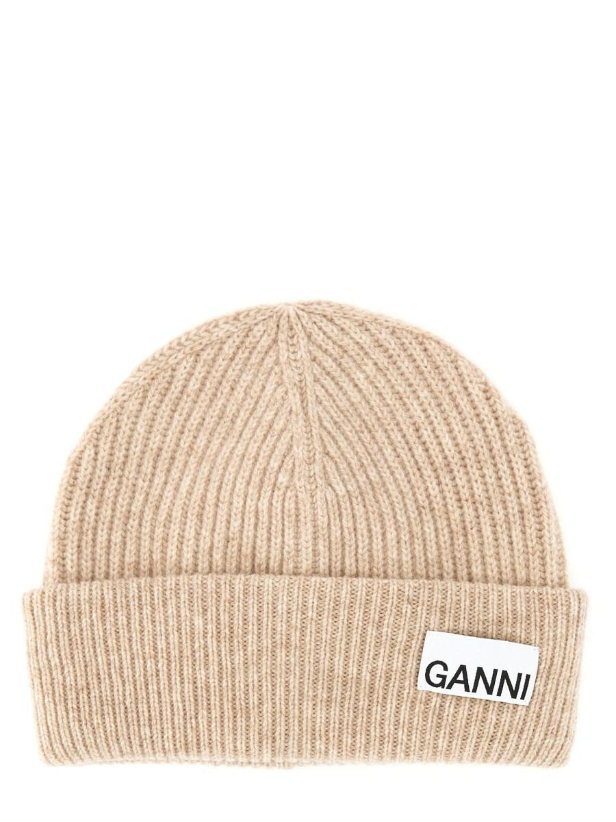 GANNI CAPPELLO BEANIE A COSTE IN LANA CON LOGO Consegna Veloce