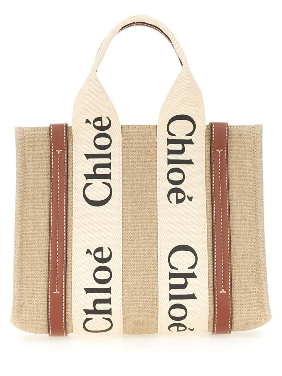 CHLOE&#39; BORSA TOTE WOODY SMALL IN LINO Trasporto libero internazionale