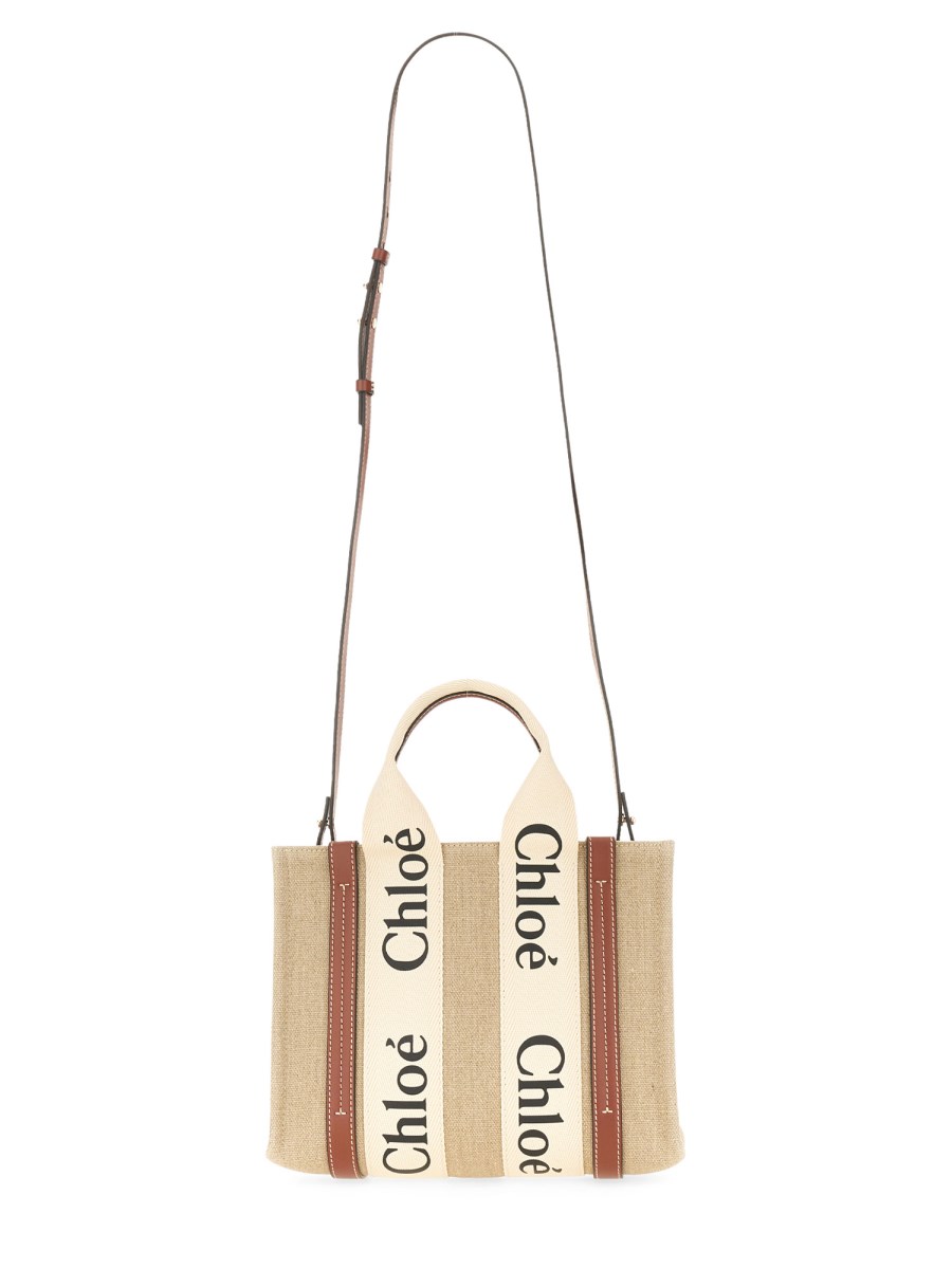 CHLOE&#39; BORSA TOTE WOODY SMALL IN LINO Trasporto libero internazionale