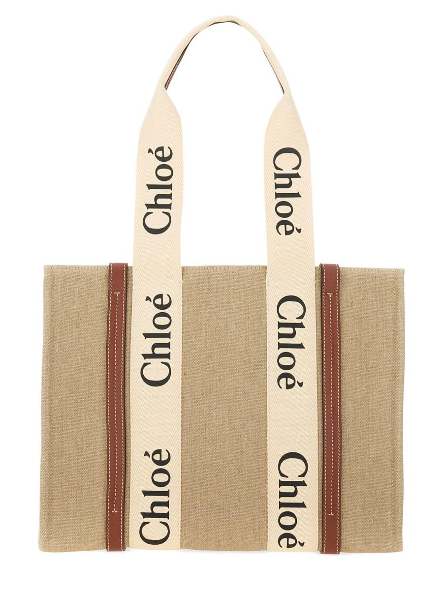 CHLOE&#39; BORSA TOTE WOODY IN LINO Trasporto libero internazionale