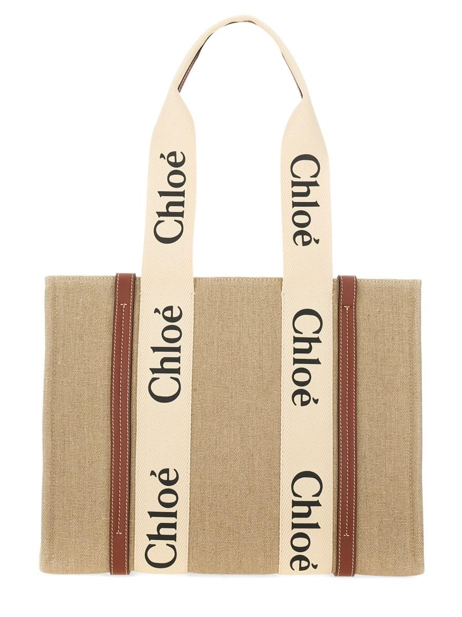 CHLOE&#39; BORSA TOTE WOODY IN LINO Trasporto libero internazionale